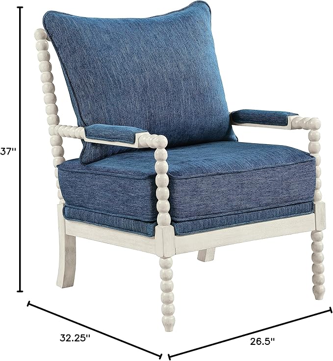 OSP Home Furnishings Kaylee Spindle Accent Chair with Antique White Wood Frame, Navy Blue Fabric
