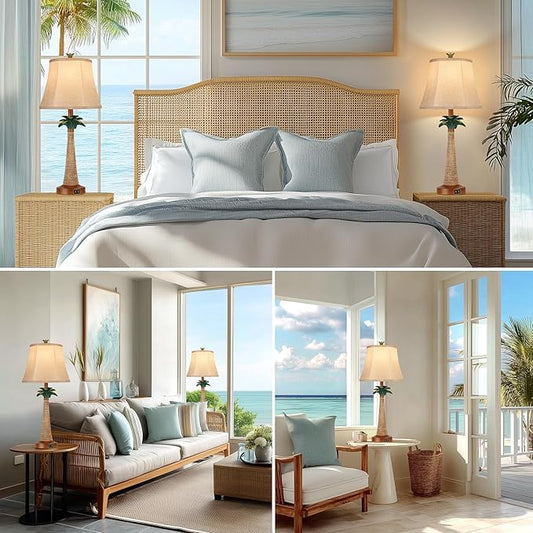 Hamucd Set of 2 Coastal Palm Tree Table Lamps with 2 USB Ports for Living Room Beach Nautical Bedside Lamps for Bedroom Tropical Nightstand Lamps for Home Decor
