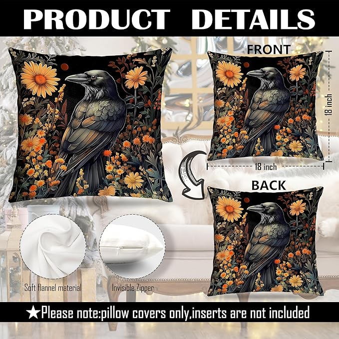 William Morris Inspired-Vintage Floral Crow Pillow Covers 18x18 Set of 2,Dark Vintage Cottagecore Decor,Moody Rustic Wildflower Botanical Raven Decor Pillow Covers for Home Living Room Bedroom