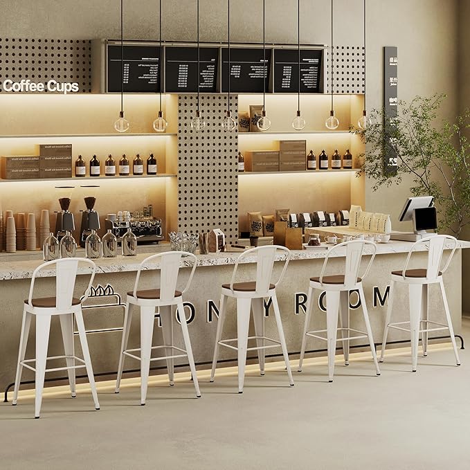 Andeworld Metal Bar Stools Set of 4, 30 inch Bar Height Barstools with Backs Farmhouse Modern High Back Bar Stools with Larger Seat Kitchen Dining Bar Chairs,Off White