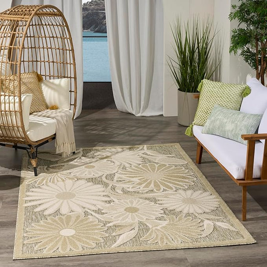 Nourison Home Aloha Ivory Sage 5'3" x 7'5" Area Rug - Easy Clean, Non Shedding, Bed Room, Living Room, Dining Room, Kitchen (5' x 8')