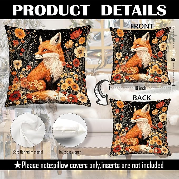 William Morris Inspired-Boho Floral Fox Pillow Covers 18x18 Set of 2, Cottagecore Room Home Decor, Dark Floral Botanical Cute Fox Forest Animal Decor Pillow Covers for Home Living Room Bedroom