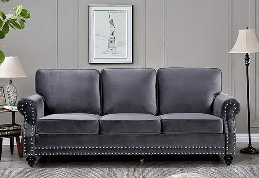 Container Furniture Direct Lotus Mid Century Modern Velvet Upholstered Living Room Rolled Arms, Sofa and Loveseat, Fossil Grey