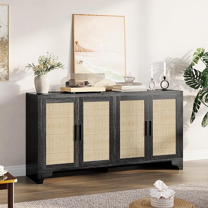 GarveeHome 4-Door Sideboard Buffet Cabinet, Natural Rattan Storage Cabinet, Boho Entryway Console Table, Coffee Bar Station for Dinning Room, Living Room, Kitchen, Black