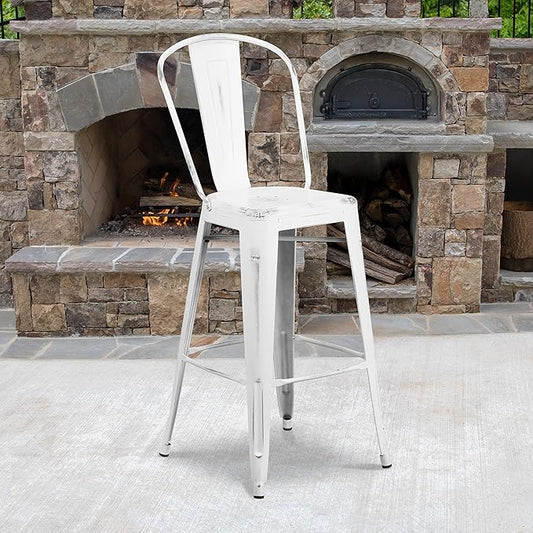 Flash Furniture Commercial Grade 30" High Distressed White Metal Indoor-Outdoor Barstool with Back