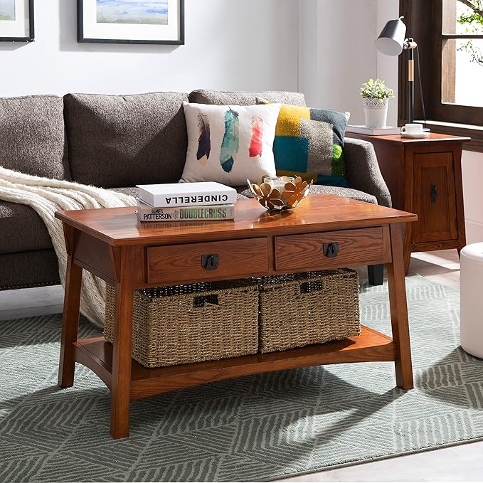 Leick Home 10055-RS Mission Coffee Table for Living Room, Two Drawers and Shelf, Made with Solid Wood, Russet Finish