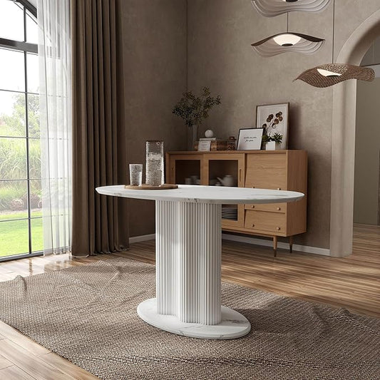 Homes: Inside + Out Elara Modern 54-inch Oval Dining Table with Fluted Pedestal Base, Seats up to 4, for Home Kitchen, Living Room, White