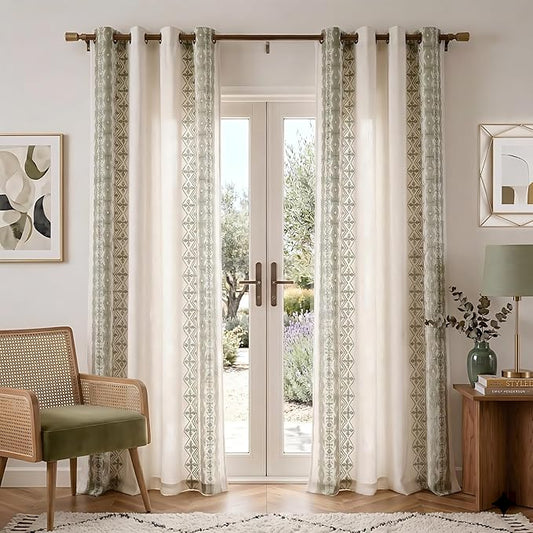 NICETOWN Sage Green Floral Embroidered Linen Curtains 84 inch Long - Gorgeous Drapes for Airy Living Room, Boho Style Bronze Grommet Heavy Linen Beautiful Home Decoration, W52 x L84, 2 Pcs