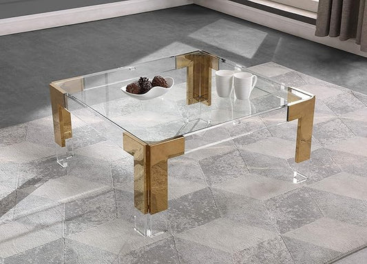 Meridian Furniture Casper Collection Modern | Contemporary Glass Top Coffee Table with Sturdy Stainless Steel and Acrylic Base, 36" W x 36" D x 16.5" H, Gold