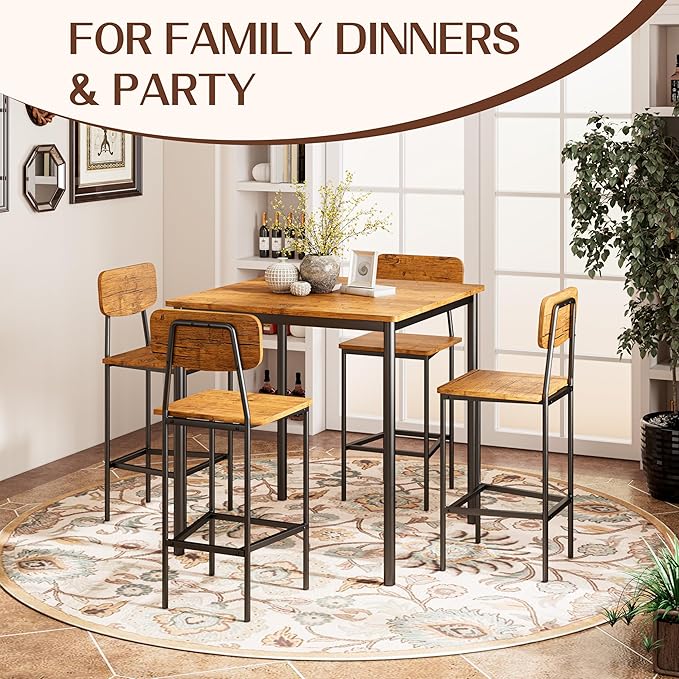 Kitchen Table and Chairs of 4, 5 Piece Dining Table Set, Sturdy Industrial Space Saving Dinette Set for Pub, Family Dinners, Apartment, Teak