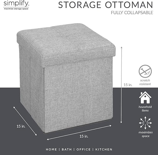Simplify Faux Linen Folding Storage Ottoman | Single | Collapsible | Tufted Padded Seating | Foot Rest | Toy Box | Bench | Grey