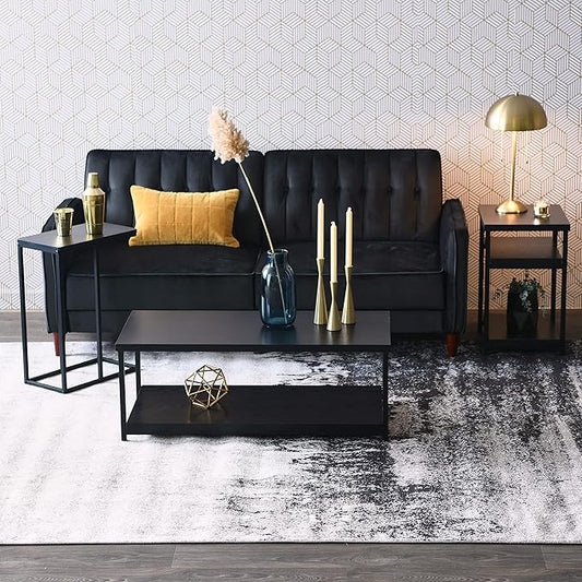 Household Essentials Jamestown Rectangular Side End Table with Storage Shelves Black Oak Wood Grain and Black Metal