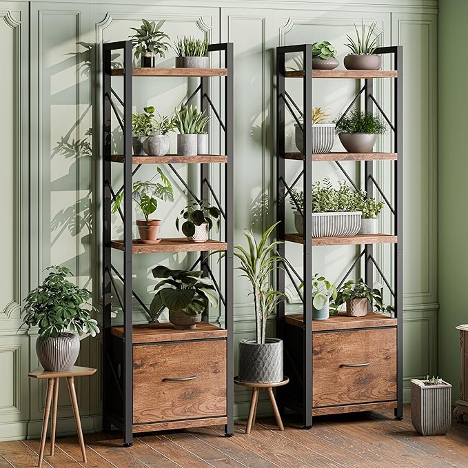 Shintenchi Bookshelf, 5 Tier Bookcase with Drawer, Modern Tall Bookshelves Storage Organizer, Industrial Book Shelves for Bedroom, Living Room, Office, Rustic Brown