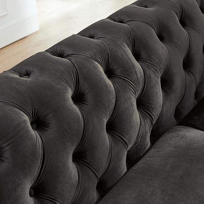 KEIKI 111" L-Shaped Luxury Velvet Chesterfield Sectional Sofa with Gold Stainless Steel Accents and 7 Pillows, Mid-Century Oversized 5-Seater Button Tufted Couch, Easy Assembly, for Living Room, Black
