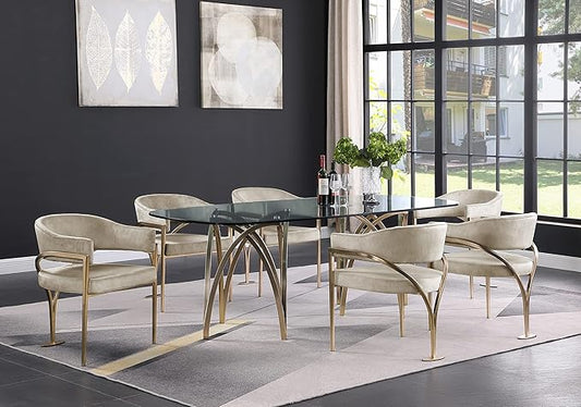 Meridian Furniture 553-T Madelyn Collection Modern | Contemporary Brushed Brass Base Dining Table with 15MM Thick Glass, 87" W x 39.5" D x 30" H, Gold