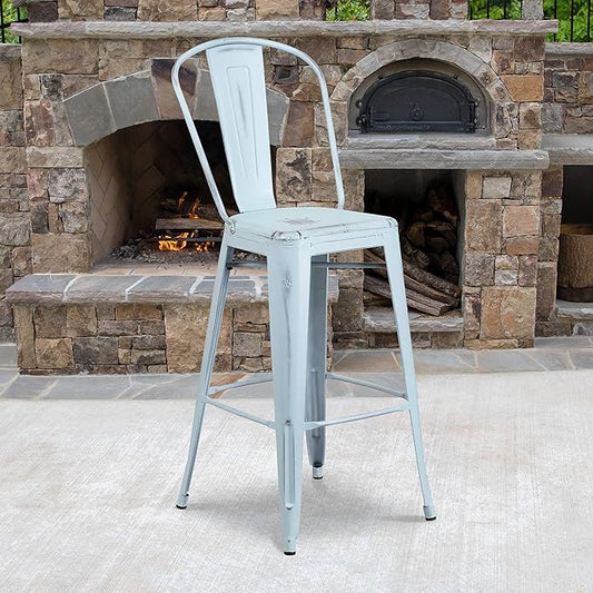 Flash Furniture Commercial Grade 30" High Distressed Green-Blue Metal Indoor-Outdoor Barstool with Back
