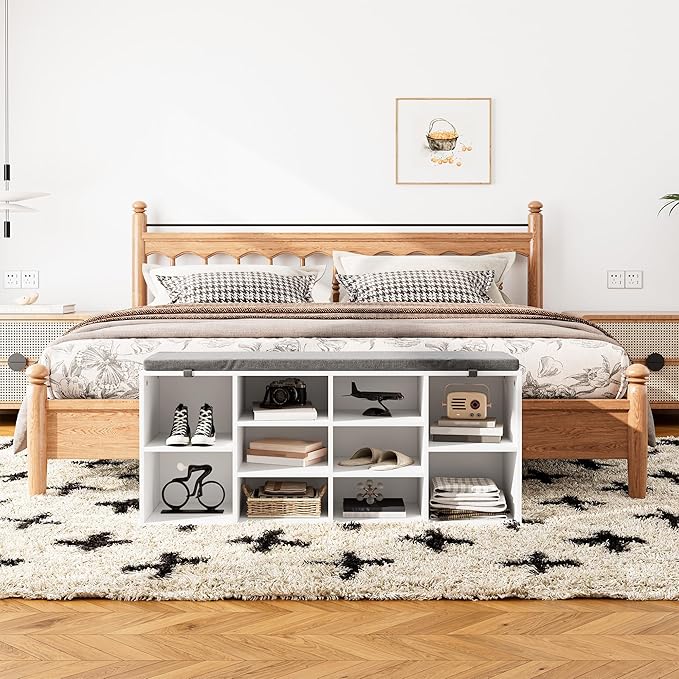 Shoe Bench, Storage Bench with Padded Seat, 10 Cubbies Storage Entryway Bench, for Living Room, Bedroom, Hallway,White