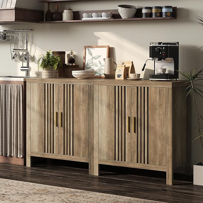 Sideboard Buffet Cabinet with Storage, Farmhouse Storage Cabinet Kitchen Buffet Cabinets, Wood Coffee Bar Sideboard for Kitchen, Entryway, Living Room, Natural Oak