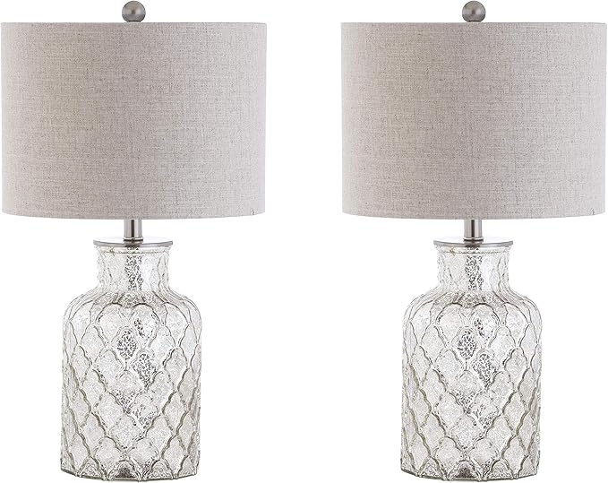 JONATHAN Y 24.5" Alvord Mercury Silver Quatrefoil Glass Table Lamp Set of 2, Contemporary Nightstand Lamps with Grey Linen Drum Shade, UL Listed, LED Bulbs Included JYL1075A-SET2