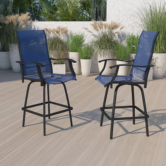 Flash Furniture Valerie All-Weather Swivel Patio Barstools with Footrest and Armrests, Modern Sling Outdoor Bar Height Stools, Set of 2, Navy