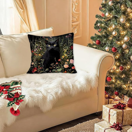 William Morris Inspired Wildflower Black Cat Pillow Covers 18x18, Cat Lover Mom Lady Gifts, Vintage Dark Cottagecore Black Kitten Decorative Throw Pillow Covers for Bedroom Living Room Home