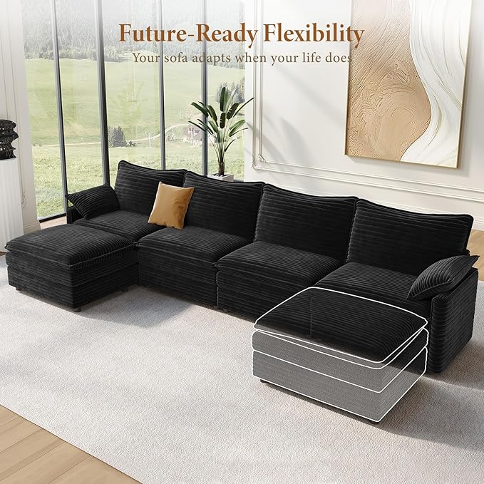 Vesgantti 142" Cloud Couch Sectional Modular Sofa, Comfy Sectional Couch with Ottoman Deep Seat Corduroy L Shaped Sofa, Modular Couches for Living Room, Bedroom and Apartment, Black | Sink-in Comfort, Height Adjustable, Easy Rearrangement, Extra-deep O...