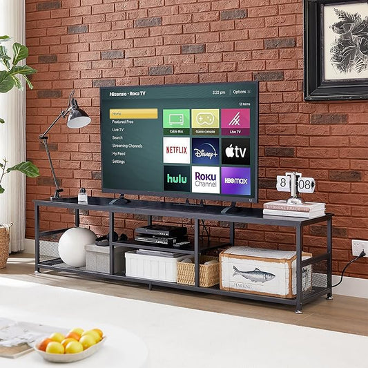 VECELO TV Stand with Power Outlets for Televisions up to 80Inch, 70" Media Entertainment Center with Charging Station 3-Tier Open Storage Shelves with Metal Frame for Living Room/Bedroom,Black