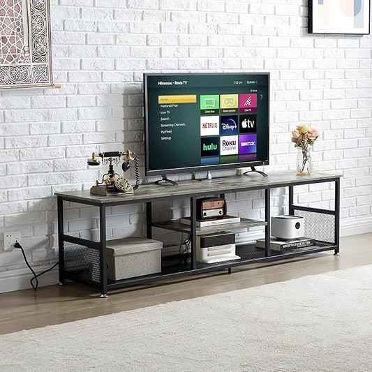 VECELO TV Stand with Power Outlets for Televisions up to 75Inch, 62" Media Entertainment Center with Charging Station 3-Tier Open Storage Shelves with Metal Frame for Living Room/Bedroom,Grey
