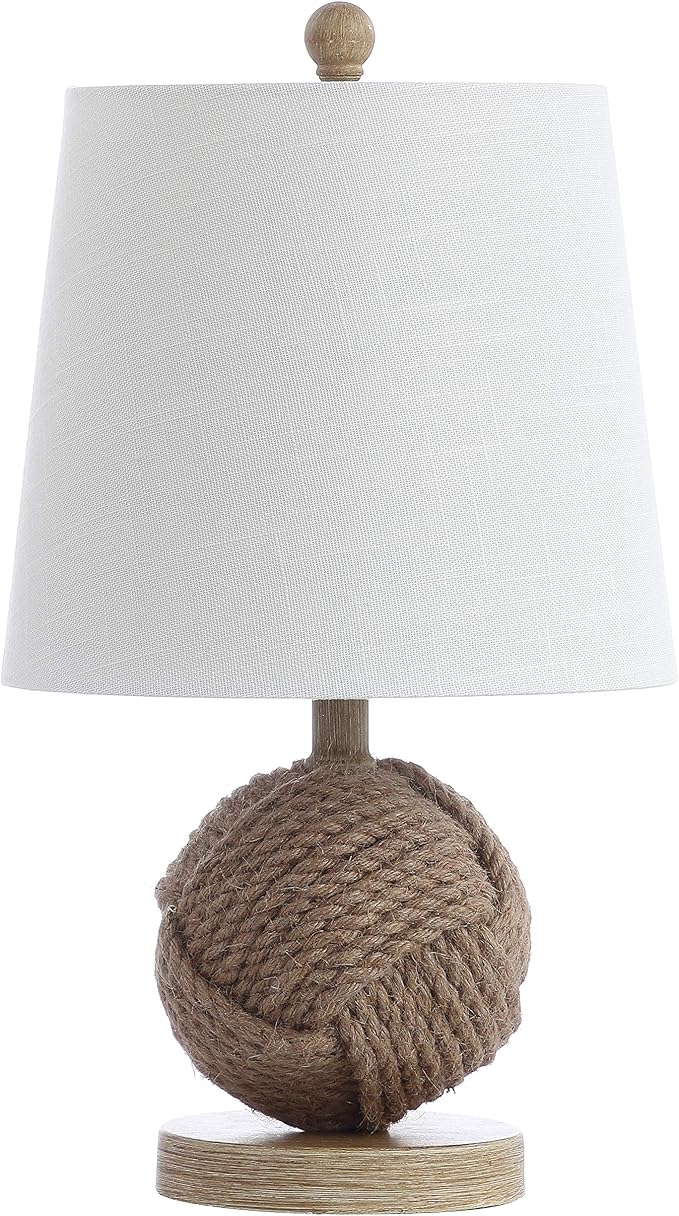 JONATHAN Y 18" Natural Monkey Fist Rope Ball LED Table Lamp, Coastal Nautical Iron and Rope Accent Lamp for Living Room Bedroom, White Linen Shade, LED Bulb Included JYL6500A