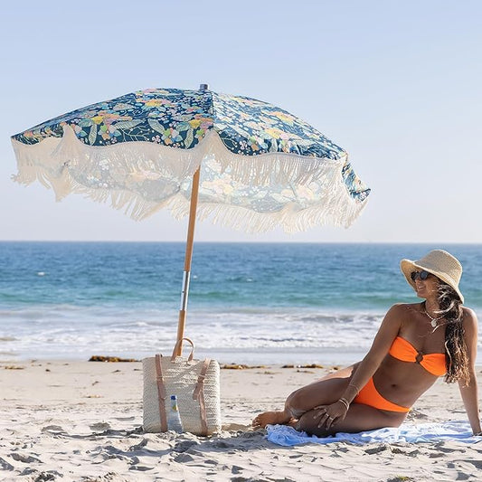 AMMSUN Beach Umbrella with Fringe, 6.5ft Boho Umbrella with Premium Wood Pole & Carry Bag, UPF 50+ Protection for Outdoor Holiday, Flowers