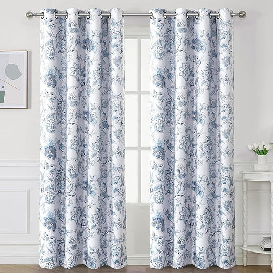 H.VERSAILTEX Blackout Curtains 96 Inch Length 2 Panels Set Floral Print Curtain Drapes for Living Room Thermal Insulated Grommet Window Curtains for Bedroom - Traditional Floral in Storm Blue