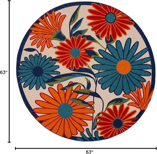 Nourison Home Aloha Multicolor 5'3" x Round Area Rug - Easy Clean, Non Shedding, Bed Room, Living Room, Dining Room, Kitchen (5' x Round)