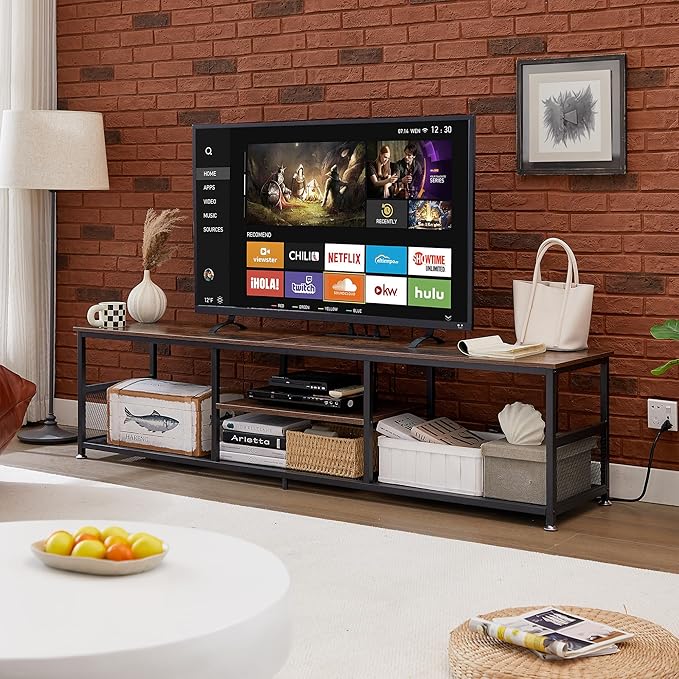 VECELO TV Stand with Power Outlets for Televisions up to 65Inch, 55" Media Entertainment Center with Charging Station 3-Tier Open Storage Shelves with Metal Frame for Living Room/Bedroom,Brown