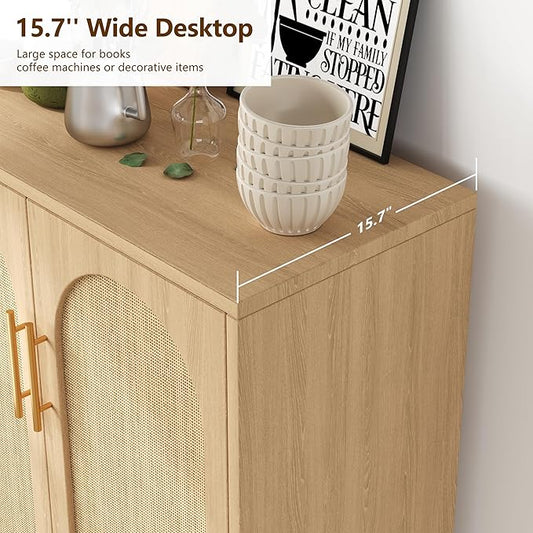 2 Pack 15.7" D Rattan Buffet Cabinet with Storage, Buffet Sideboard with Adjustable Shelf and Solid Wood Legs, Floor Storage Cabinet with Doors, Coffee Bar for Kitchen, Living Room, Natural