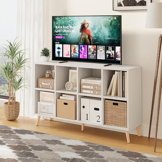 Flrrtenv 8-Cube Bookshelf 2 Tier Modern Bookcase with Legs, 11in Shelf Opening, 47" Wood Bookshelves Storage Organizer Shelf, Freestanding Open Book Shelves for Bedroom Living Room Office, White