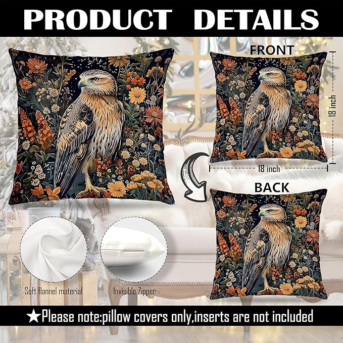 William Morris Inspired-Vintage Floral Hawk Bird Pillow Covers 18x18 Set of 2, Dark Cottagecore Academia Mid Century Botanical Eagle Bird Decor Pillow Covers for Home Living Room Bedroom