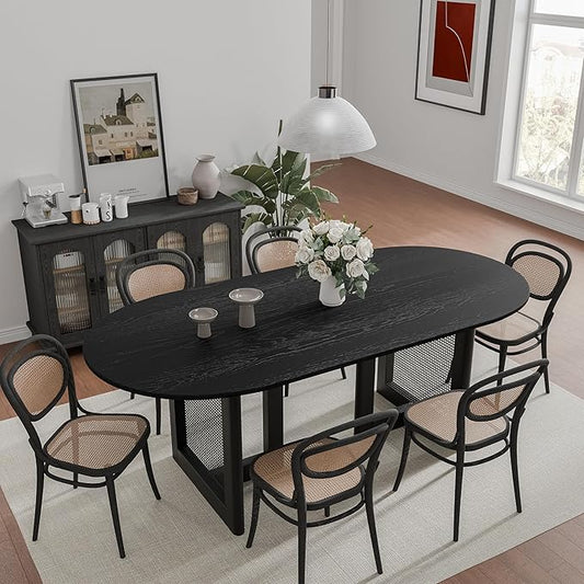 Casaphoria 67" Dining Table for 6, Wood Kitchen Table with Scratch-Resistant Top & Rattan Base, Modern Farmhouse Oval Dining Table for Living Room, Kitchen, Easy Assembly, Black