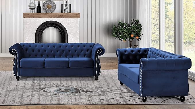 Container Furniture Direct Feinstein Modern Velvet Chesterfield Couches for Living Room with Nailheads, Diamond Tufting & Durable Metal Frame, Loveseat, Dark Blue