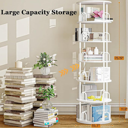 6 Tier Rotating Bookshelf, 360 ° Display Stackable Spinning Bookshelf Tower, Narrow Space Saving Tall Floor Standing Swivel Bookcase Corner Storage Organizer for Bedroom, Living Room