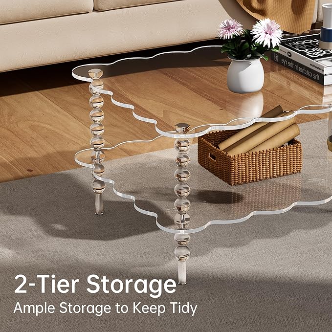 Acrylic Coffee Table, 2-Tier Living Room Table with Storage, Center Table Mid-Modern Century for Living Room, Easy to Assemble (Clear, 37.8“×23.6“×15.7”)