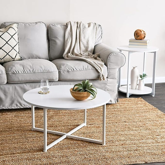 Household Essentials Jamestown Round Coffee Table Scandinavian White and White Metal