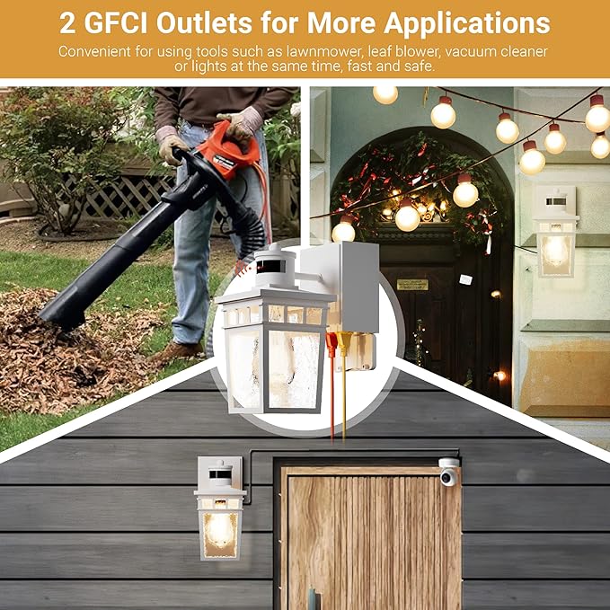 2 Pack Porch Light Outdoor with GFCI Outlet - 3 Lighting Modes Exterior Light Fixture, Dusk to Dawn Motion Sensor Wall Mount Outside Lights for House,Garage,Front Door, Patio