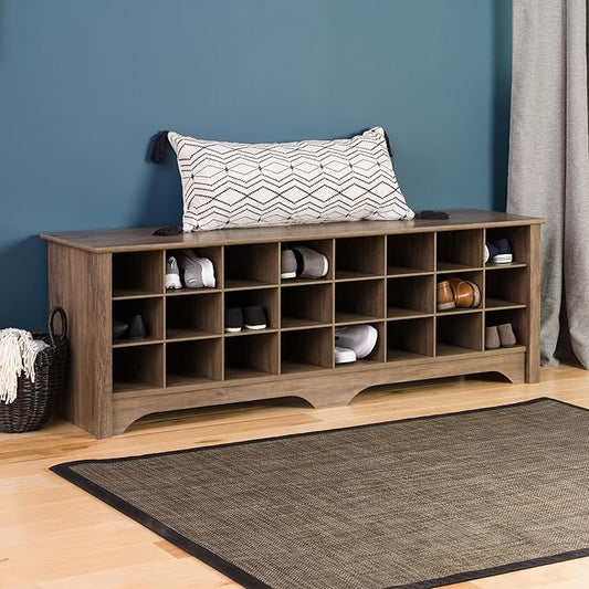 Prepac 24 Pair Shoe Cabinet, Entryway Bench, Mud Room Organization and Storage Bench with 24 Shoe Cubbies, Drifted Gray, 15.5"D x 60"W x 20.25"H
