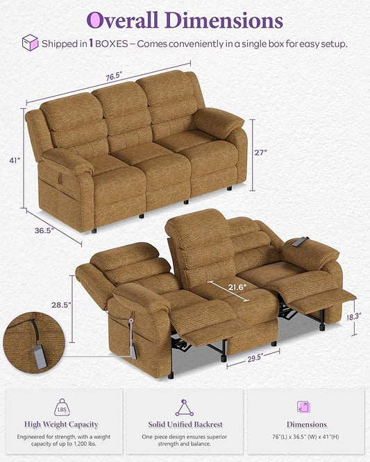 TYBOATLE Power Reclining Sofa, 3 Seater Electric Reclining Sofa with Dual Motors and Remote Control, Chenille Couch w/Side Pockets for Living Room,Game Room, 76.5" Wide (Brown)