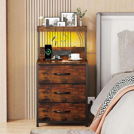 Nightstands Set of 2, End Table with LED Light and Charging Station Type C, 3 Drawers Storage Dresser Night Stand with Hooks, Tall Bed Side Table for Bedroom Dorm, Rustic Brown