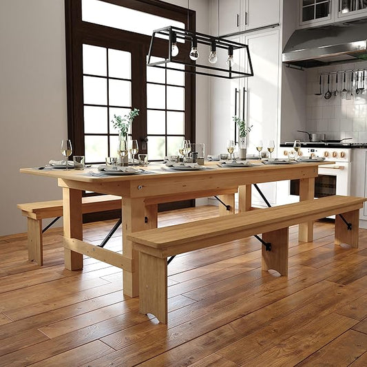 Flash Furniture Hercules Commercial Grade Farmhouse Dining Table | Solid Pine Foldable Table for 10 in Antique Rustic Light Natural | Rustic Charm for Home and Events