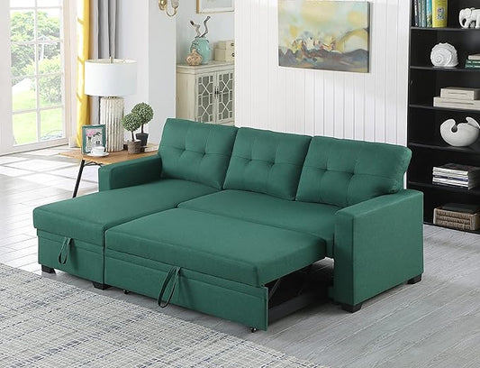 ACQCA 82" Convertible Sectional Sleeper Sofa with Storage Chaise, L Shaped Pull Out Couch Bed with 3 Tufted Back Cushion for Living Room, Apartment,Office,Green