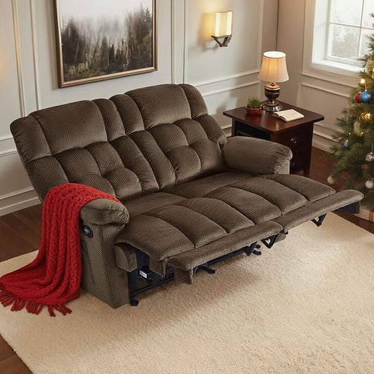 MCombo 58.7" Zero Gravity Power Loveseat Recliner with Heat and Vibration Massage, Reclining Loveseat Sofa with USB Ports for Living Room, Fabric 6237 (Dark Brown)