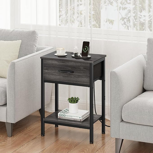 Vagusicc Nightstand with Charging Station, End Table with Fabric Drawer, Small Side Table with 2-Tier Storage Shelves, 25.4" Tall Night Stand, Bedside Table for Bedroom, Living Room, Dorm, Black Oak