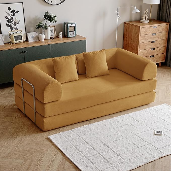 79'' Convertible Compressed Corduroy Folding Cloud Sofa Bed, 5 in 1 Modern Modular Boneless Pull Out Loveseat Sleeper in a Box, No Assembly Foldable Floor Futon Couch for Home, Yellow, Pillows, King